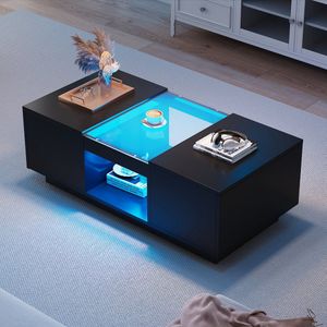 Sweiko Zwarte Salontafel 100x50x35.5 cm, met Glazen Paneel, LED verlichting, App control, 2 Lades en 1-Open Compartiment