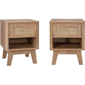 sweeek - Set van 2 nachtkastjes met 1 lade en 1 vak, hout- en rieteffect, eucalyptuspoten