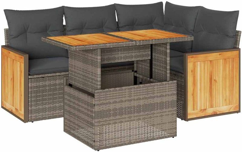vidaXL - 5-delige - Loungeset - met - kussens - poly - rattan - acacia - grijs