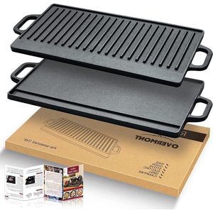 Omkeerbare grillpan voor gasfornuis en open vuuroven - Pre-seasoned gietijzer, 20 x 92 inch - met handgrepen, één lade schrapers