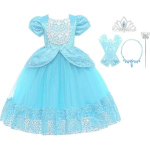 Prinsessenjurk meisje - Blauw - Verkleedjurk - maat 122/128(130) + Kroon - Toverstaf - Juwelen - Handschoenen - Verjaardag - Kleed - Cadeau - Speelgoed