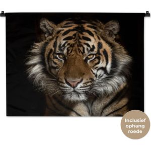 Wandkleed Dieren op een zwarte achtergrond - Boze tijger op zwarte achtergrond Wandkleed katoen 90x67 cm - Wandtapijt met foto