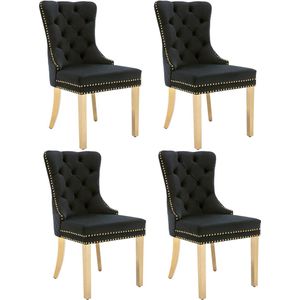 Merax Eetkamerstoelen Set van 4 – Velvet Zwart met Gouden Poten – Luxe Fluwelen Stoelen met Handgreep en Nagelkopdetails – 150 kg Draagvermogen