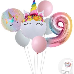 Eenhoorn Unicorn Sweet Color Ballonnen Set - Snoes - Cijfer Ballon 9 Jaar - Roze - Wit - Pastel