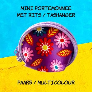 Going Retro - Ronde mini muntgeld portemonnee / earplug opbergtasje - bloemen - basis paars / multicolour madeliefje daisy - 4,5 cm - Sleutelhanger Tashanger - kinderen jeugd volwassenen - meisjes dames - casual feest verjaardag