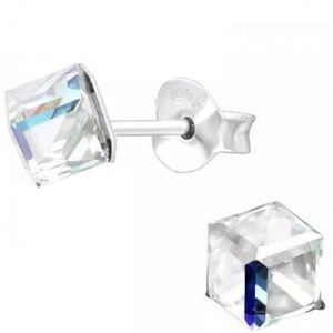 Zilveren oorknop, Crystal cube Lebowski kristal (6MM)