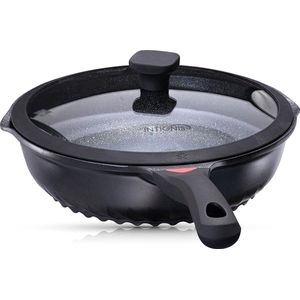 Koekenpan Anti-Kras glazen Deksel - 28cm diepe saute pan, duitse Greblon steen coating - Inductie koekenpan chemisch vrij (Black)