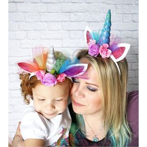 Eenhoorn haarband blauw unicorn diadeem met oortjes, bloemen en regenboog tule - blauwe hoorn bloemetjes roze paars festival