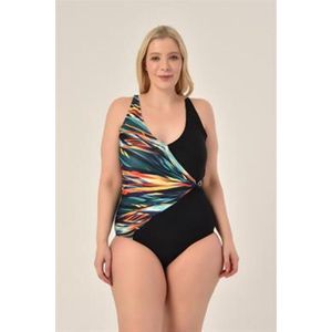 Badpak- Bikini&Badmode- Zwempak met gemengd patroon- Dubbele rij gedetailleerd fashion badpak- Zwart groen mix patroon 204- Maat 48