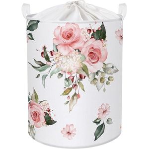 Opbergmand 45 liter roze mooie roze bloemen opvouwbare ronde mand kinderkamer 36 x 45 cm wit