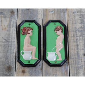 Set van tekens voor de wc-deur, gietijzer geschilderd, Man +Vrouw.