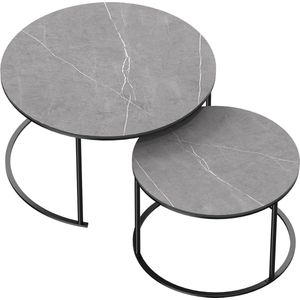 Kibus Moderne Salontafel Marmer Look - Koffietafel - Set van 2 - Bijzettafel - Ronde Moderne Salontafel - Zwart - Grijs - 80 en 60 cm diameter - 40 en 45 cm hoog