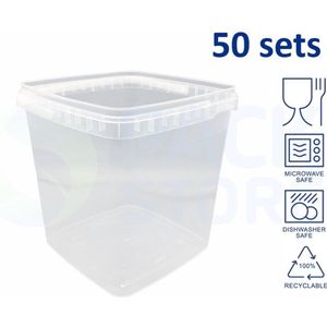 50 x vierkante transparante emmer met deksel - 5,5 liter met garantiesluiting - geschikt voor diepvries en vaatwasser - geschikt voor food & non-food - 100% recyclebaar