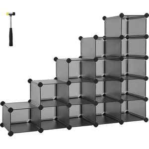 Plankensysteem voor schoenenrek | Set van 15 insteekbare planken | Kubus design | Doe-het-zelf | PP plastic | Kapstok voor slaapkamer | Grijs | 30 x 1112 x 862 cm