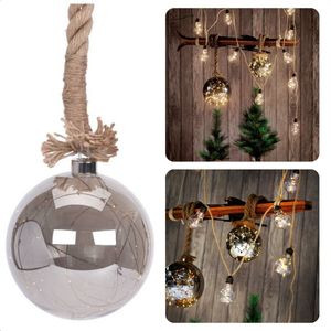 Cheqo® Jute Touw Verlichte Glazen Bal - Kerstbal - Kerstverlichting - 15 LED's - 10cm - 8-uurs Timer - Warm Wit - 100cm - 2x AA-Batterijen