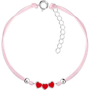 Joy|S - Zilveren hartje bedel armband - rode hartjes bedel sterling zilver 925 - roze koord - th23