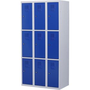 Lockerkast metaal met slot - 9 deurs 3 delig - Grijs/blauw - 180x90x50 cm - LKP-1011
