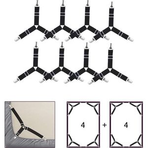 8 stuks bedlakenclips, verstelbare elastische driehoekige steunbanden voor hoeslakens en lakens, matras, bankkussen, tafelkleden, strijkplank - zwart