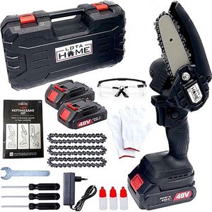 LotaHome - Mini Kettingzaag - Elektrische Kettingzaag met 2 Accu's - 48V - Snoeizaag - Tuinieren - Krachtige Kettingzaag - Handkettingzaag - Elektrische Snoeischaar - Inclusief Extra Accu, 3x Ketting, Handschoenen, Bril en Opbergkoffer - Zwart