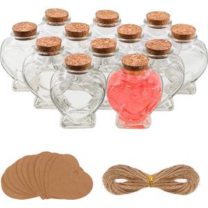 Belle Vous 12-Pak Hartvormige Glazen Flessen - 150 ml Doorzichtig Glazen Potten met Kurken Doppen, Hart Labels en Koord - Geschenkflesjes voor Huwelijksfeest, DIY Decoratie & Wensberichten