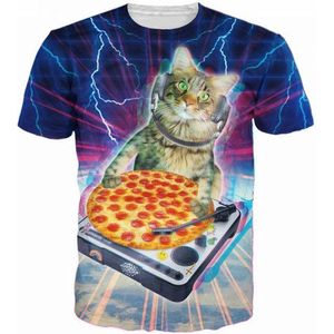 Pizza DJ Kat t-shirt Maat S Crew neck - Festival shirt - Superfout - Fout T-shirt - Feestkleding - Festival outfit - Foute kleding - Kattenshirt - Kleding fout feest - Foute party kleding