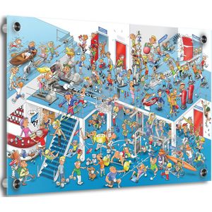 Fitness Cartoon op plexiglas - Uniek ontwerp - Roland Hols - Sportschool - 45 x 60 cm - 5 mm dik - Decoratie - inclusief 4 afstandhouders zwart