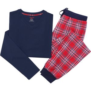 La-V pyjama sets voor heren met flanel joggingbroek Donkerblauw/Rood XL