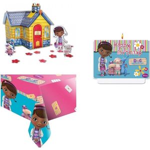 Doc McStuffins - Speelgoed dokter - Feestpakket - Kinderfeest - Verjaardag - Themafeest - Tafelkleed - Tafeldecoratie set – Taartkaars.