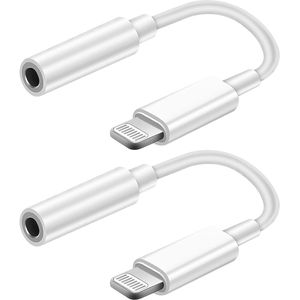 Naar 3.5 mm Hoofdtelefoonaansluiting Adapter - Compatibel met iPhone/iPad - Zilverwit - 2 Stuks