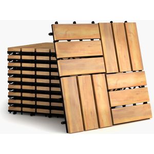 COSTWAY Set van 10 houten terrastegels, vloertegels, acaciahout, houten tegels, vloerbedekking, kliktegels, bruin, 12 lattenbodems, 30 x 30 cm