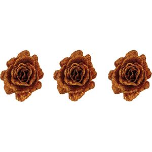 4x stuks decoratie bloemen roos koper glitter op clip 10 cm - Decoratiebloemen/kerstboomversiering/kerstversiering