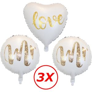 Bruiloft Versiering Mr & Mr Huwelijk Decoratie Helium Ballonnen Goud & Wit Bruiloft Ballon Met Rietje 40 Cm – 3 Stuks