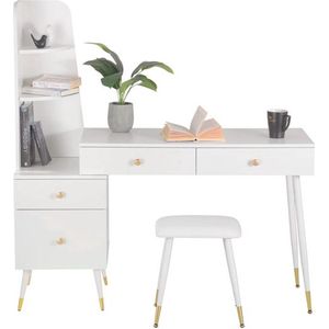 Mrs. Jones Kaptafel met kruk en spiegel - 4 Laden - Hoekkast - Grote Make-Up Tafel - Cosmetische Tafel - Slaapkamer - Badkamer - Inloopkast - Kleedkamer - Hal - Wit met goud