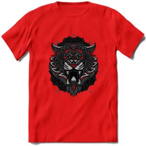 Tijger - Dieren Mandala T-Shirt | Rood | Grappig Verjaardag Zentangle Dierenkop Cadeau Shirt | Dames - Heren - Unisex | Wildlife Tshirt Kleding Kado | - Rood - L