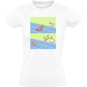 Krab en kreeft Dames T-shirt - hardlopen - startschot - snel - schrikken - schelpdieren - grappig
