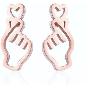 DAEBAK Koreaanse Vinger Hart Vorm Oorbel Koreaan Roestvrije Staal Korean Verguld Rose Goud [ROSE GOUD] Non Tarnish PVD Plated 18K Gold Silver Women Stainless Steel Finger Heart Stud Earring Jewelry