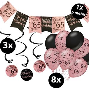 Verjaardag Versiering Pakket 65 jaar Roze en Zwart - Ballonnen Zwart & Roze (8 stuks) - Vlaggenlijn Rosé en Zwart 6 meter (1 stuks) - Vlaggenlijn gekleurd 65 jarige - Vlaggetjes Slinger Verjaardag 65 Birthday - Birthday Party Decoratie (65 Jaar)