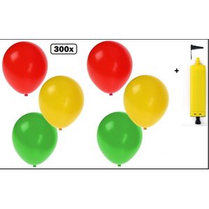 300x Ballon rood/geel/groen met ballonpomp - Carnaval thema feest festival