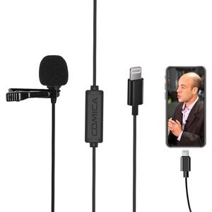 Comica CVM-V01SP (MI) speldmicrofoon met Lightning aansluiting — 2,5 meter kabel dasspeld microfoon met plopkap — iPhone 14 / 13 / 12 / 11 — Zwart