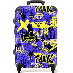 NoBoringSuitcases.com® - Koffer groot - Rolkoffer lichtgewicht - Gele en zwarte graffiti op paarse achtergrond - Reiskoffer met 4 wielen - Grote trolley XL - 20 kg bagage