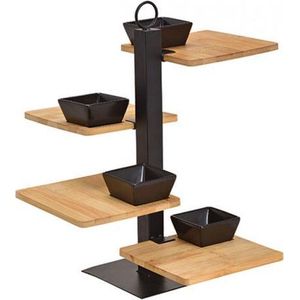 Etagère - Serveerset - Serveertoren - 4 laags - Luxe - Hout - Bamboe - Metaal - Inclusief 4 sausbakjes - 32x35x32 cm