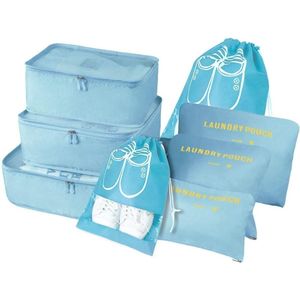 Kofferorganizer, 8-in-1 set, bagageorganizer, waterdichte rijstkledingbekers met 2 mooie tassen, 3 inpaktassen en 3 opbergtassen, voor kleding, mooi, cosmetica - Koreaans blauw