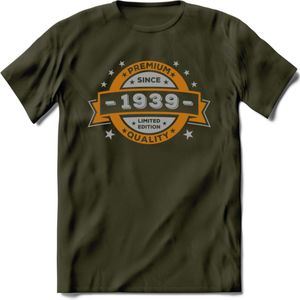 Premium Since 1939 T-Shirt | Zilver - Goud | Grappig Verjaardag en Feest Cadeau Shirt | Dames - Heren - Unisex | Tshirt Kleding Kado | - Leger Groen - XXL