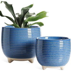 Moderne Blauw Reactief Glazuur Keramische Plantenpotten 12 + 16 cm - Voetpotten voor Thuis en op Kantoor - Binnenplantenbakken met Afvoer
