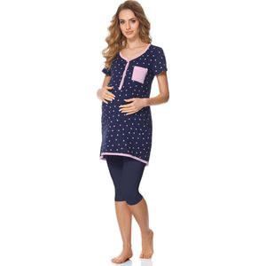 Bellivalini Dames Zwangerschapspyjama - Korte mouwen - Korte broek met borstvoedingsfunctie - Katoen - BLV-BLV50-126-PJ - Marineblauw Punten/Marineblauw - S