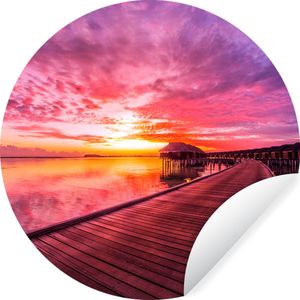 Behangcirkel - Pier - Horizon - Roze - Zon - Zee - Zelfklevend behang - ⌀ 140 cm - Behang rond - Behangcirkel zelfklevend - Behangsticker - Behang cirkel - Behang rond