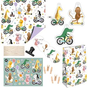 Inpakset Jungle Dieren Verjaardag Kinderen - Traktatie - Cadeaupapier Blokbodemzak Stickers - Koord - Inpakpapier Dubbelzijdig