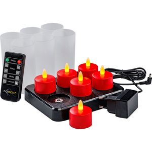Oplaadbare LED-kaarsjes rood – waterdicht- met Afstandsbediening – 6 Stuks – timerfunctie