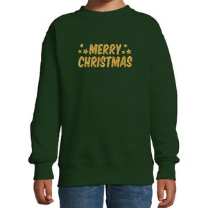 Merry Christmas Kerst sweater / trui - groen met gouden glitter bedrukking - kinderen - Kerst sweater / Kerst outfit 170/176