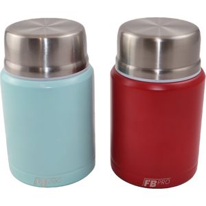 Lichtblauwe & Rode Thermos Voedselcontainer met Lepel x2 - Thermoskan - Voedsel container voor noodles, soep, havermout, ijs, babyvoeding en meer! - Yoghurt beker to go - Thermosbeker voor het meenemen van eten - Licht blauw & Rood - 450ml